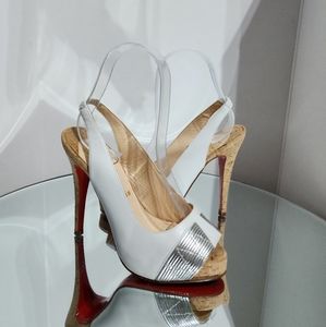Christian Louboutin Moyen Prave White Silver Cork Sling Platform Heels Size 35